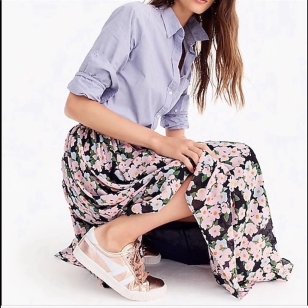 J. Crew Black Maxi Skirt with Pink Floral Pattern